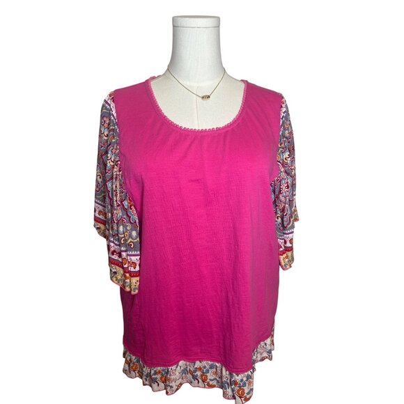 Tru Luxe Jeans Tops - Tru Luxe Jeans Pink Paisley Sleeve Boho Tunic Top L